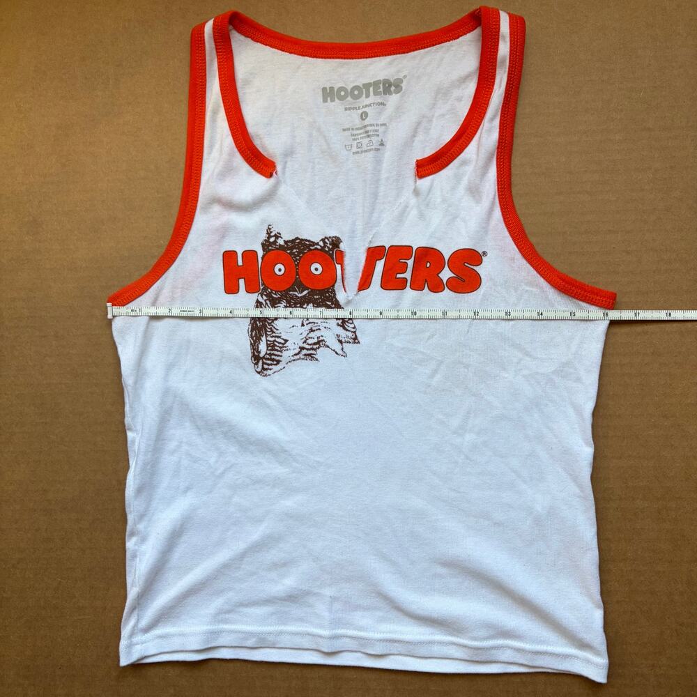 HOOTERS Retro White Tank Orange Trim Fitted Cropped Cotton Y2K Graphic Print Lg - Picture 5 of 6